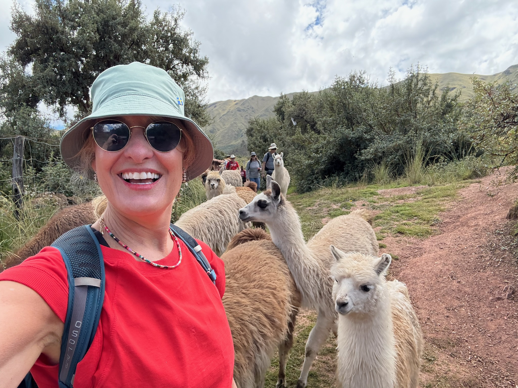Woman smiling with a herd of llamas behind her