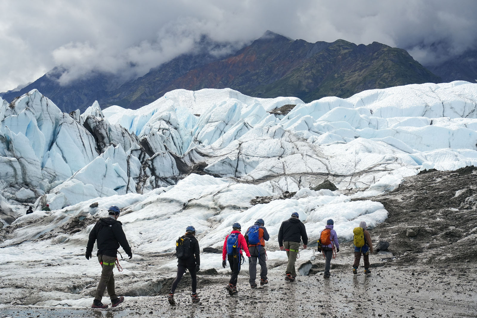 A group of guests ice walk the starkly beautiful landscape of Matanuska Glacier.&rsquo;