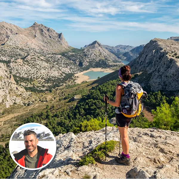 Miguel Angel Soto Ripolles headshot on top of a travel photo from Mallorca Lodge-to-Lodge Hiking Tour.