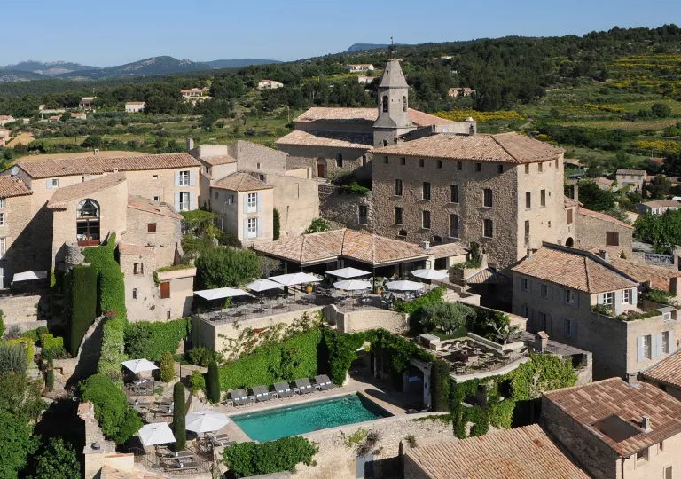 aerial view of hotel and pool