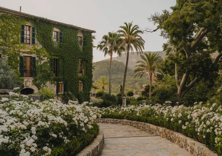 Stone path leading to a building covered by flowers and moss