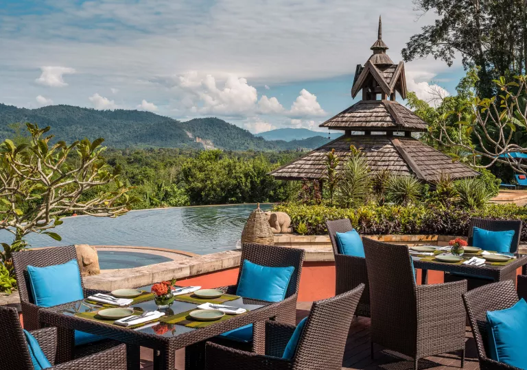 tables next to pool