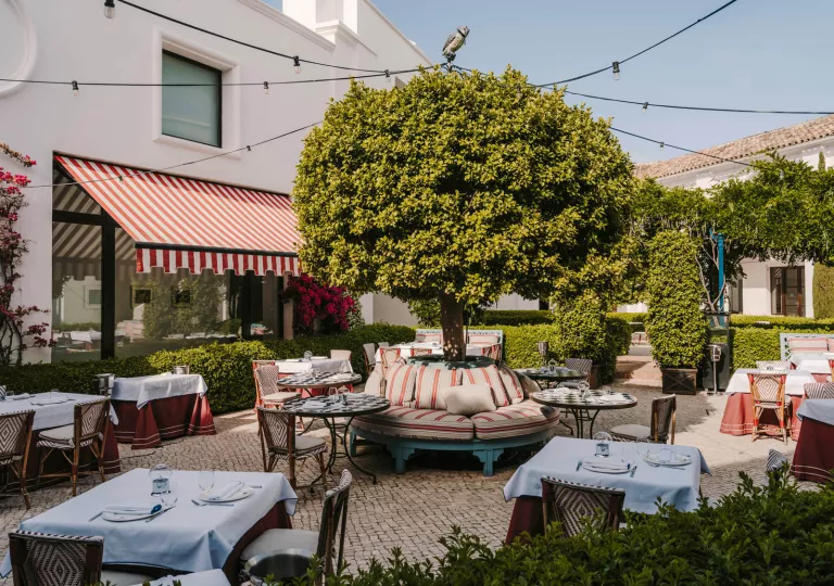 Outdoor patio with dining tables and trimmed trees