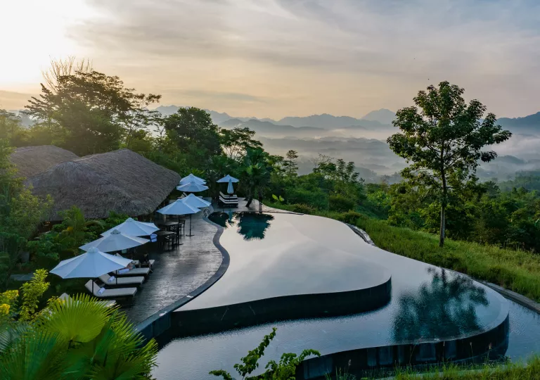 Outdoor view of infinity pool looking out towards a jungle