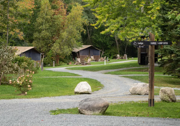 Gravel road surrounded by grass, with huts in the distance