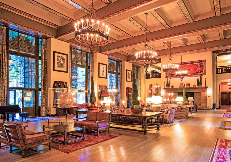 Lobby with dimly lit lights
