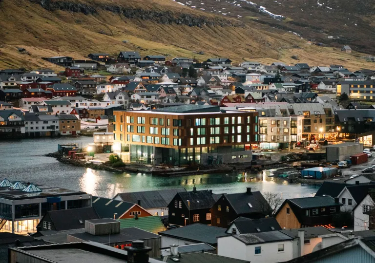 The KG Hotel located on the harbor in Klaksvík, Faroe Islands.