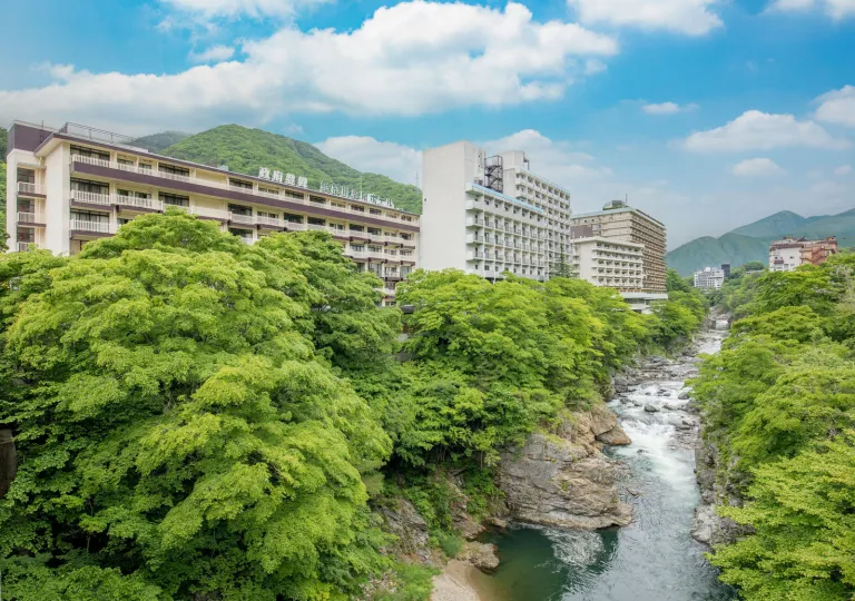 Exterior view of tall buildings with trees and a river in front