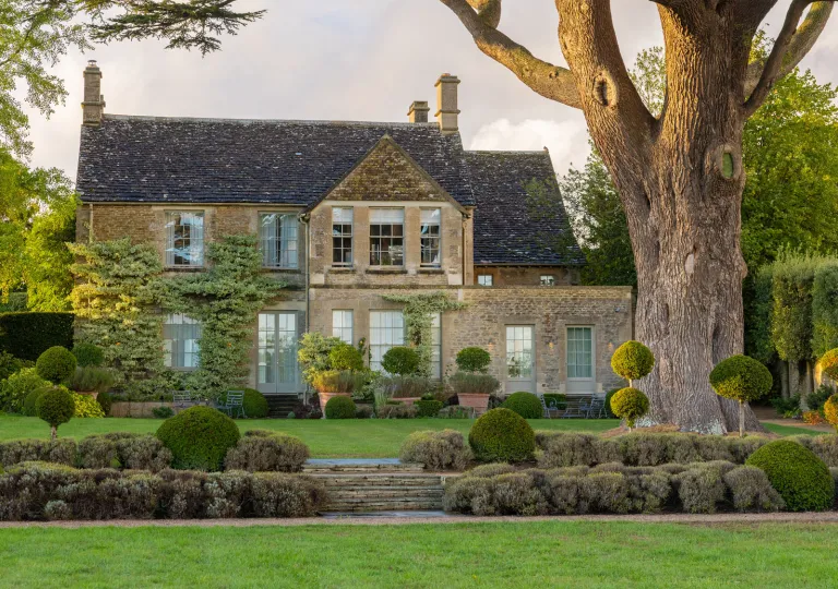 The exterior of the Thyme hotel, a rural estate located in Southrop, Gloucestershire, in the Cotswolds, England.