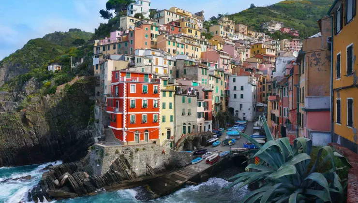 View of buildings built into coastal cliffs