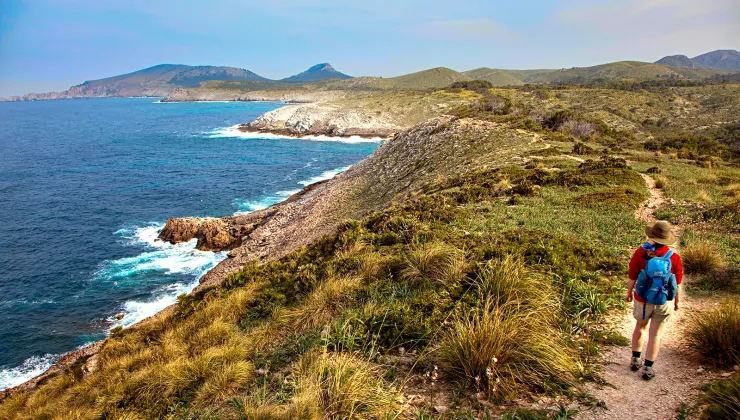 Guest walking beside ocean, towards golden hilly vista.