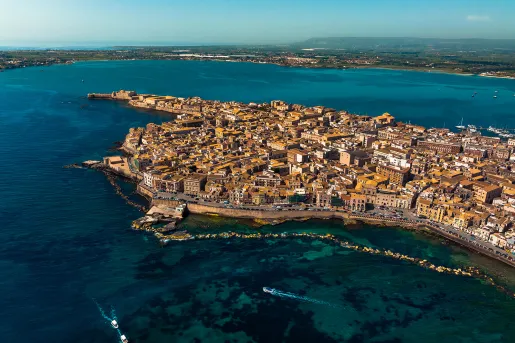 Bird's eye shot of Ortigia Island peninsula. 