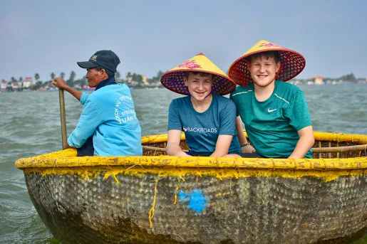 Riding in a round bottom boat in Vietnam