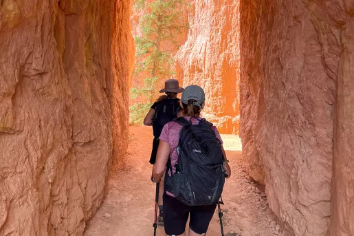 Guests walking through rock archway