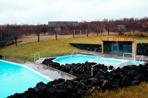 pool and hot tub in an orchard