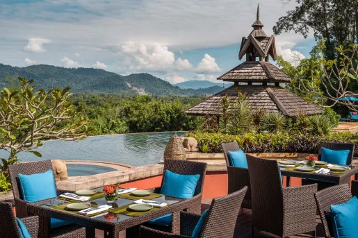 tables next to pool