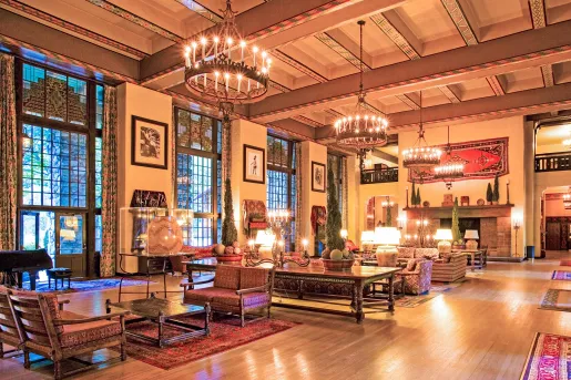 Lobby with dimly lit lights