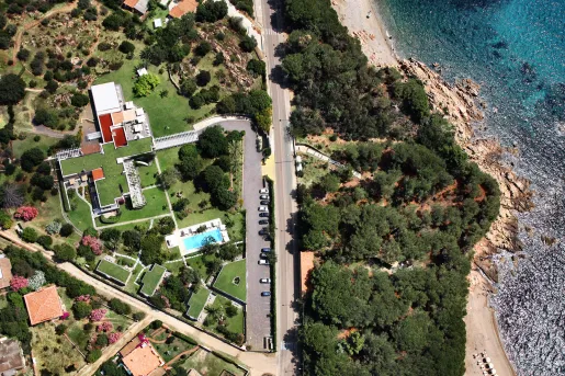 Sky view of hotel complex and the ocean to the right