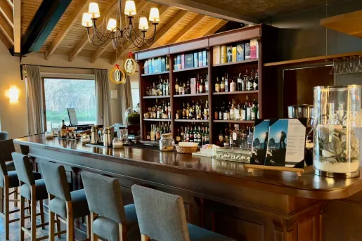 Bar counter with gray stools in front and a wooden shelf with different bottles of alcohol