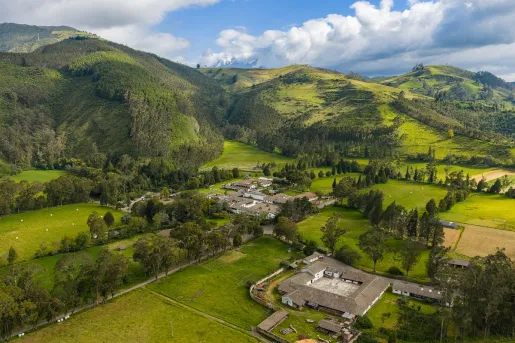 Sky view of a large valley with trees and small houses