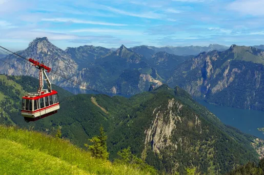 The Feuerkogel cable car in Ebensee, Austria, transports visitors up the mountain.