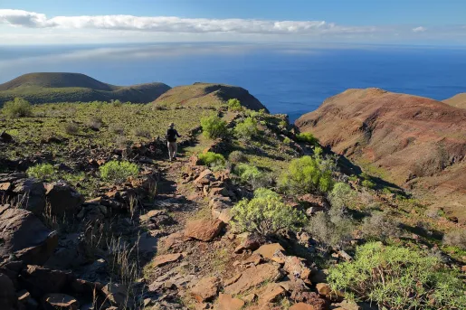 Person hiking on a rocky and dirt trail with the ocean in the distance