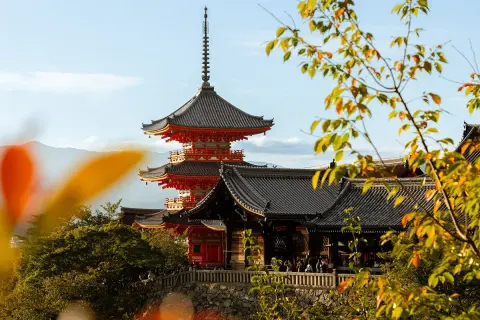 Exterior view of Japanese buildings and a large temple