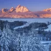 Snowy landscape with snow covered trees and orange sunset