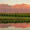 red mountain range reflected on water below it