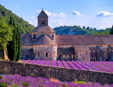 A historic stone abbey stands behind rows of vibrant purple lavender fields in full bloom. Cypress trees frame the building, while wooded hills and a blue sky with scattered clouds create a picturesque countryside backdrop.