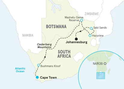 South Africa & Botswana Family Active Safari map