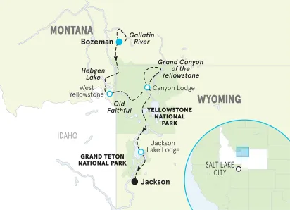Wyoming Yellowstone & Tetons & Montana Big Sky Easygoing Multi-Adventure Tour map