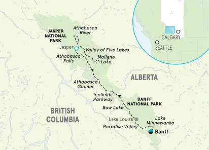 Banff to Jasper Multi-Adventure Tour Map